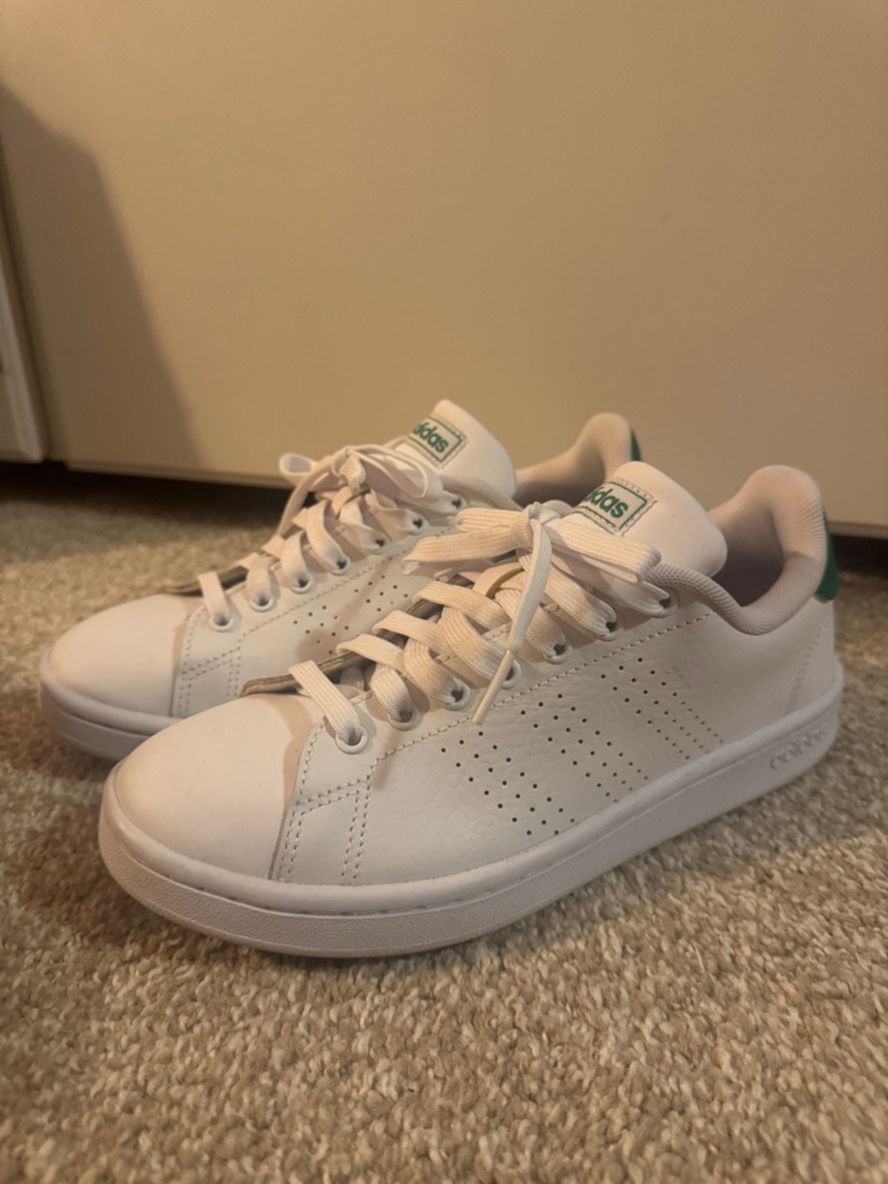 adidas Women’s White Sneakers with Green Heel Tab